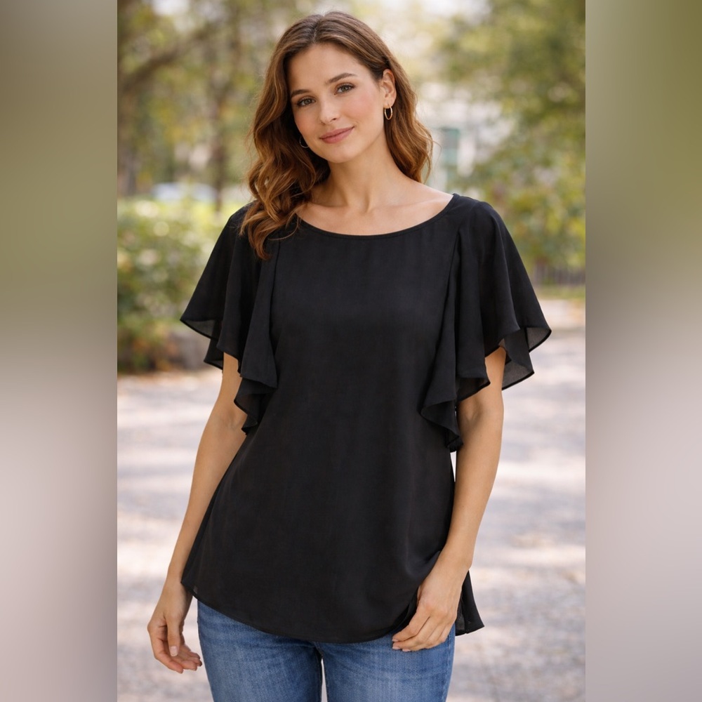 Zoë + Phoebe Black Flowy Ruffle Sleeve Blouse Size Medium